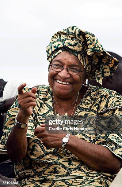 Presidential candidate Ellen Johnson Sirleaf waves to supporters during a support parade November 6, 2005 in Monrovia, Liberia. "Ellen," as she...
