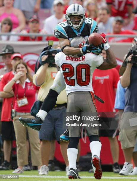 Steve Smith attempts to catch a pass while defended by Ronde Barber of the Tampa Bay Buccaneers at Raymond James Stadium on November 6, 2005 in...