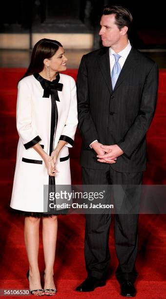 Mayor of San Francisco Gavin Newsom and his wife Kimberley Newsom wait to greet Camilla, Duchess of Cornwall and Charles, Prince of Wales at a...