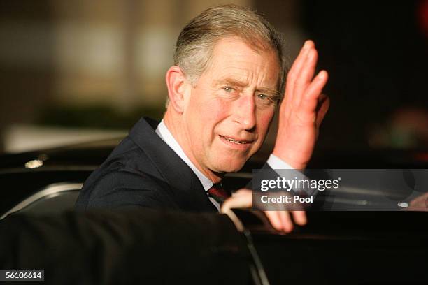 Prince Charles, Prince of Wales waves as he departs after watching the musical "Beach Blanket Babylon" November 6, 2005 in San Francisco, California....