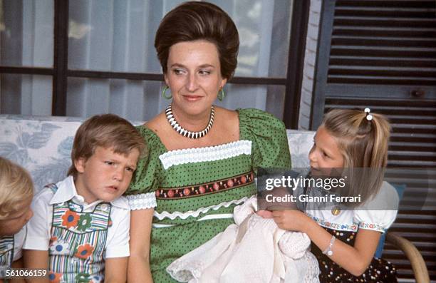 Pilar of Borbon, sister of King Juan Charles of Borbon, withg her sons Bruno Alejandro, Fernando Humberto and Simoneta 1974, Madrid, Spain. .