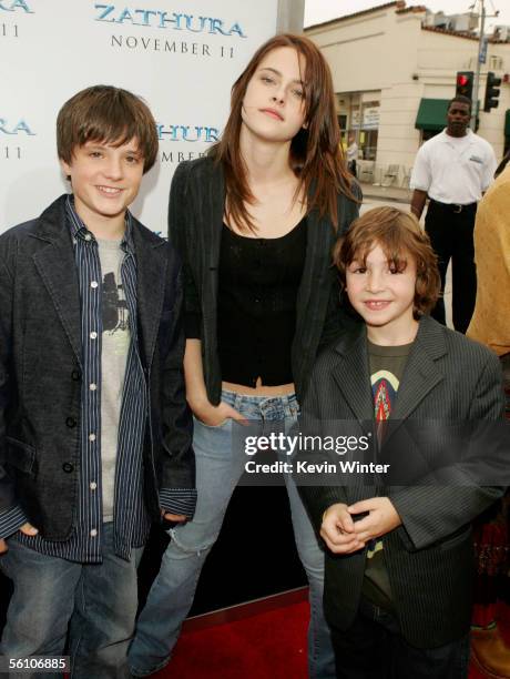 Actors Josh Hutcherson , Kristen Stewart and Jonah Bobo pose at the premiere of Columbia Picture's "Zathura: A Space Adventure" at the Village...