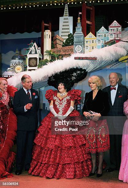 Prince Charles, Prince of Wales and Camilla, Duchess of Cornwall meets the cast at a performance of Beach Blanket Babylon November 6, 2005 in San...