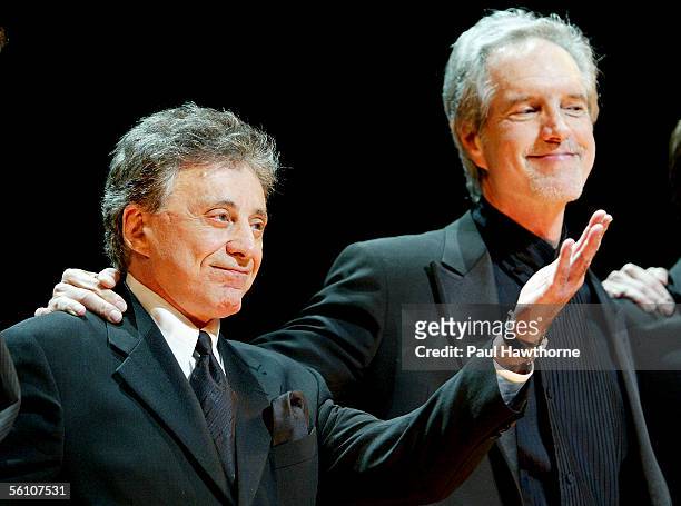 Frankie Valli and Bob Gaudio of Frankie Valli and the Four Seasons onstage during the curtain call at the play opening night of "Jersey Boys" at the...