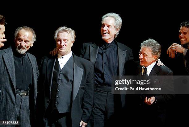 Actor Joe Pesci joins Tommy DeVito, Bob Gaudio and Frankie Valli of Frankie Valli and the Four Seasons onstage during the curtain call at the play...