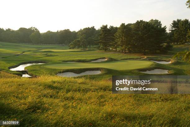 View from the 10th tee over the green on the 193 yard par 3, 9th hole with the 4th green behind on the East Course at Merion Golf Club, on September...