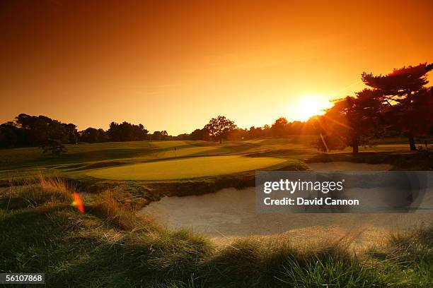 View at sunset from behind the green he 600 yard par 5, 4th hole on the East Course at Merion Golf Club, on September 22, 2005 in Ardmore,...