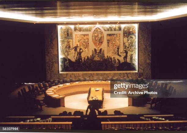 The Security Council room in the Conference Building of the United Nations Headquarters in New York, mid 1960s.