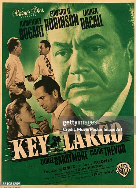 French poster for John Huston's 1948 crime film 'Key Largo' starring Humphrey Bogart, Edward G. Robinson, and Lauren Bacall.