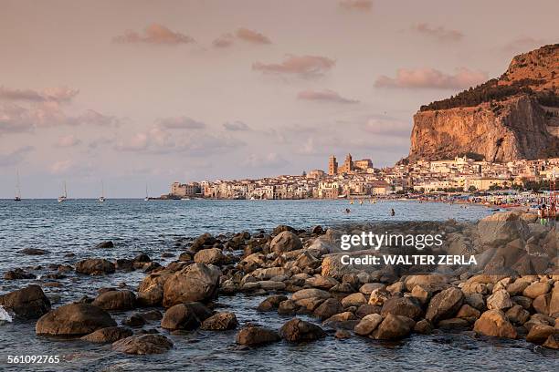 rocks in mediterranean sea, cefalu, palermo, sicily, italy - palermo sicilien bildbanksfoton och bilder