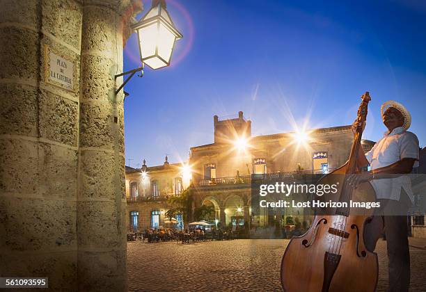 senior man playing double bass in plaza de la cathedral at night, havana, cuba - la havana 個照片及圖片檔