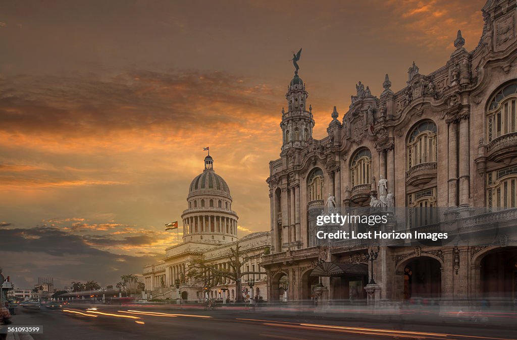 The Capitol building and the National Theater at sunset, Havana, Cuba