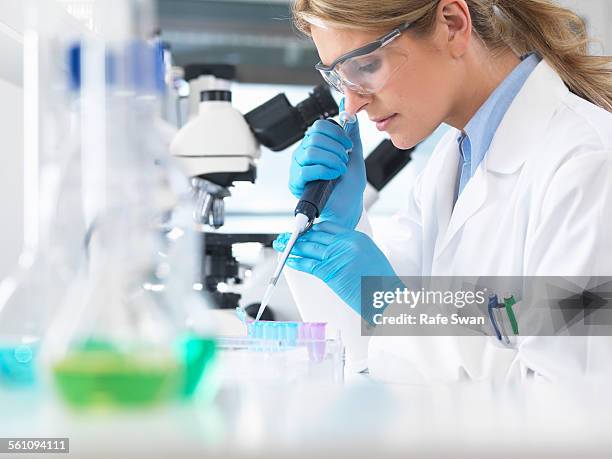 female scientist pipetting sample into a vial for analytical testing in a laboratory - stem cells human foto e immagini stock