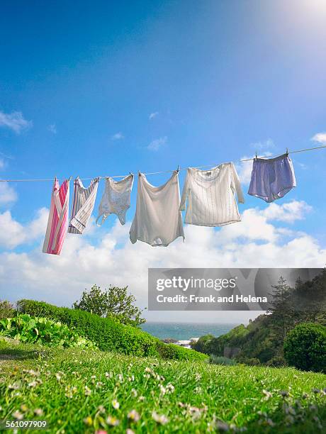 row of fresh laundry on clothes line in coastal garden - clothesline stock pictures, royalty-free photos & images