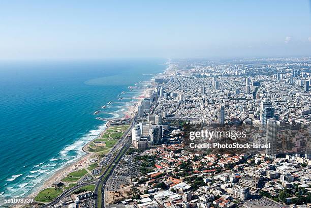 aerial view of coastline and city, tel aviv, israel - tel aviv jaffa stock pictures, royalty-free photos & images