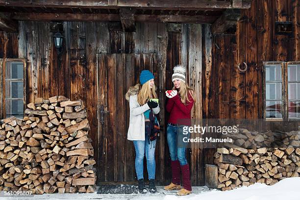 two young female friends chatting outside wooden cabin - tirol deelstaat stockfoto's en -beelden