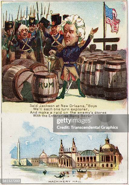 Color lithographed Victorian era trade card for the Philadelphia Exposition, designed to tell an historical story about Andrew Jackson, 1876.