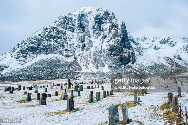 cemetery in snow, reine, lofoten, norway - summit view cemetery stock pictures, royalty-free photos & images