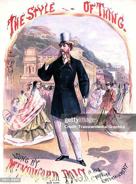 Lithographic Victorian sheet music cover makes fun the fancily dressed upper class and, New York, New York, circa 1860.