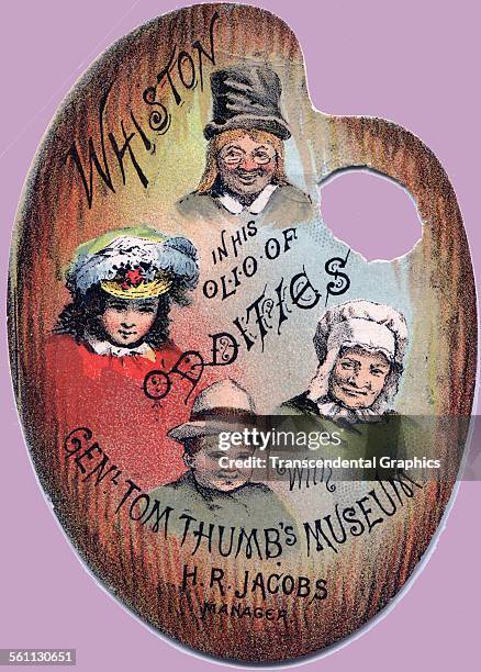Lithographic Victorian trade card promoting the midget Tom Thumb's Museum, New York, New York, circa 1860.