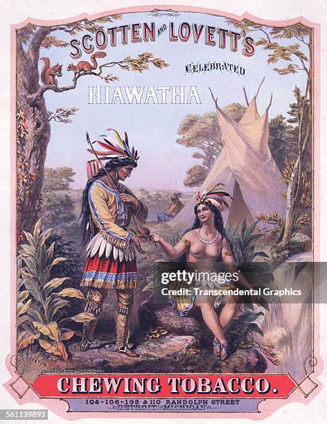 Lithographic Victorian tobacco poster with a Native scene in the forest promotes Hiawatha Tobacco, Detroit, Michigan, 1870.