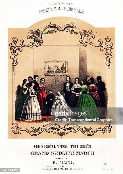Lithographic Victorian sheet music cover promoting the marriage of Tom Thumb, Philadelphia, Pennsylvania, circa 1860.