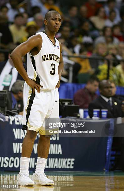 Chris Paul of the Wake Forest Demon Deacons stands on the court during the second round of the 2005 NCAA Championship game against the West Virginia...