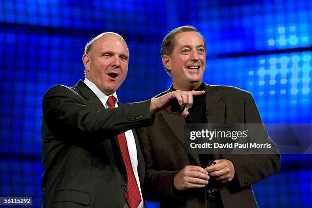 Microsoft CEO Steve Ballmer gestures as he is joined on stage with INTEL President Paul Otellini during a keynote speech for the launch of Microsoft...