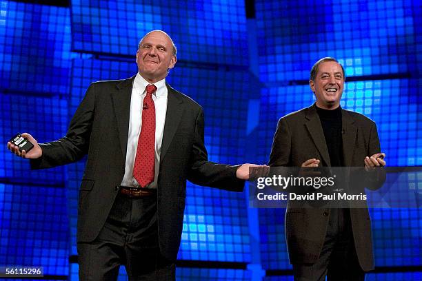 Microsoft CEO Steve Ballmer gestures as he is joined on stage with INTEL President Paul Otellini during a keynote speech for the launch of Microsoft...