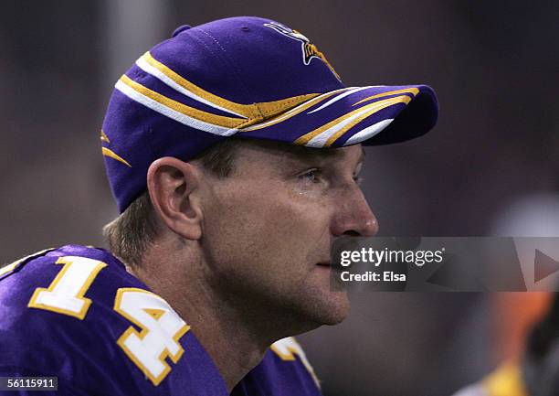 Brad Johnson of the Minnesota Vikings watches from the sideline during the game with the Detroit Lions on November 6, 2005 at the Hubert H. Humphrey...