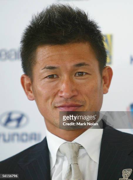 Japanese footballer Kazuyoshi Miura looks on during the Sydney FC press conference at Star City on November 8, 2005 in Sydney, Australia. Sydney FC...