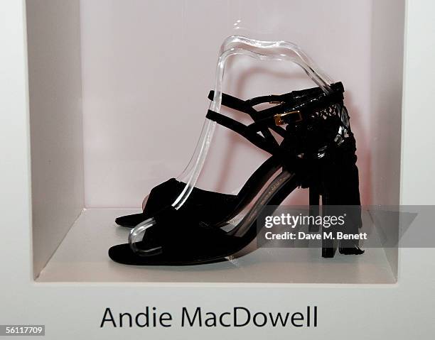 Shoes donated by Andie MacDowell are displayed at the aftershow party following the UK premiere of "In Her Shoes," at the Grosvenor House Hotel on...