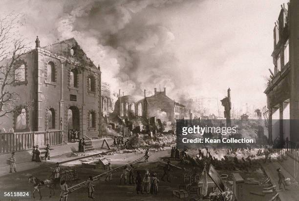 New York buildings in ruins after a fire destroyed much of the Lower East Side, 1835. The view from Exchange Place of 'The Great Fire of 1835' by...
