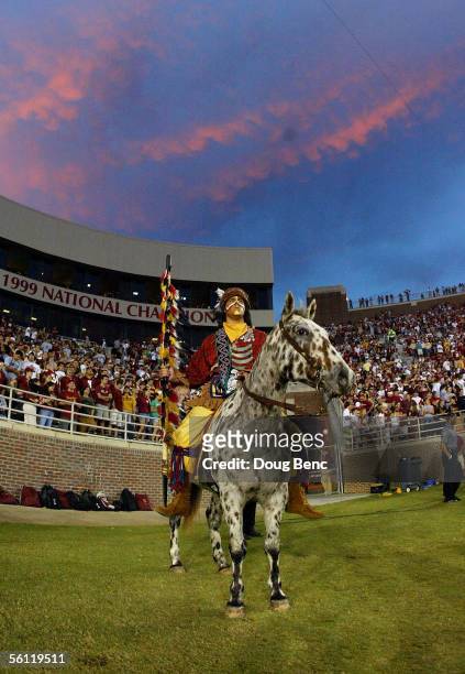 Chief Osceola and his horse Renagade wait on the field as the visiting North Carolina State Wolfpack takes on the Florida State Seminoles at Doak...