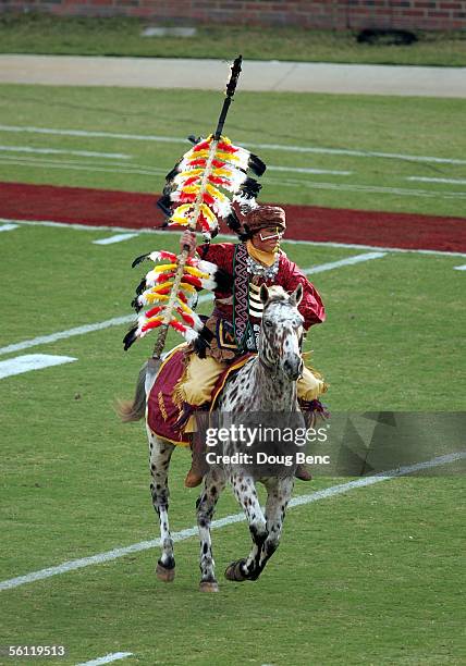 Chief Osceola and his horse Renagade perform on the field before the visiting North Carolina State Wolfpack take on the Florida State Seminoles at...