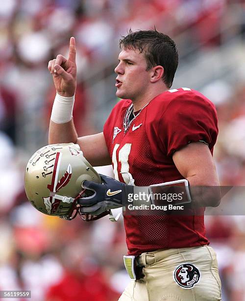 Quarterback Drew Weatherford of the Florida State Seminoles looks to the sideline for a play call against the North Carolina State Wolfpack in the...