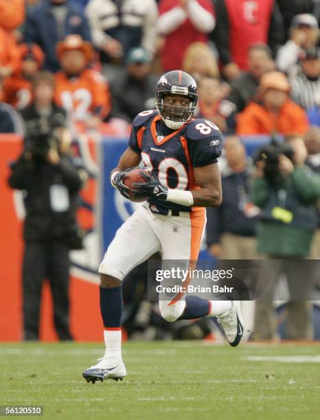 Rod Smith of the Denver Broncos carries the ball during the game against the Philadelphia Eagles on October 30, 2005 at Invesco Field at Mile High in...