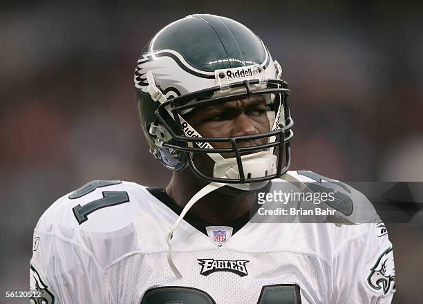 Terrell Owens of the Philadelphia Eagles looks on during the game against the Denver Broncos on October 30, 2005 at Invesco Field at Mile High in...