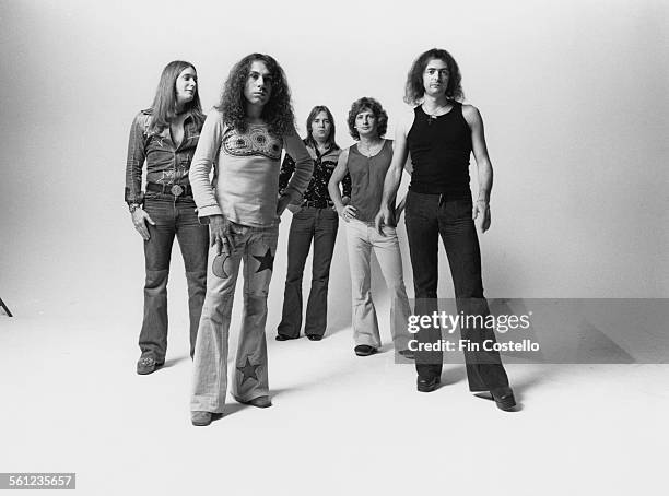 British rock group Rainbow, Los Angeles, California, June 1975. Left to right: bassist Craig Gruber , singer Ronnie James Dio , drummer Gary Driscoll...