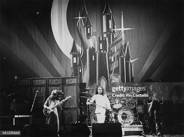 British rock group Rainbow performing on stage at the Ford Auditorium in Detroit, Michigan, 21st November 1975. Left to right: Jimmy Bain, Ronnie...
