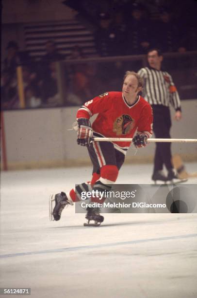 Canadian professional hockey player Bobby Hull of the Chicago Blackhawks skates on the ice during a road game against the New York Rangers, Madison...