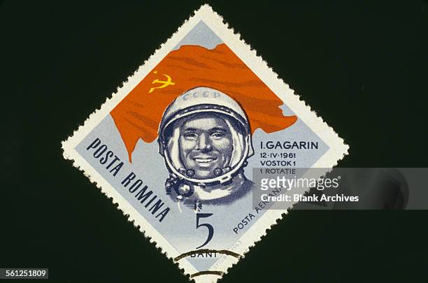 Bani postage stamp from Romania, featuring Russian cosmonaut Yuri Gagarin , circa 1961. Gagarin became the first man in space when he orbited the...