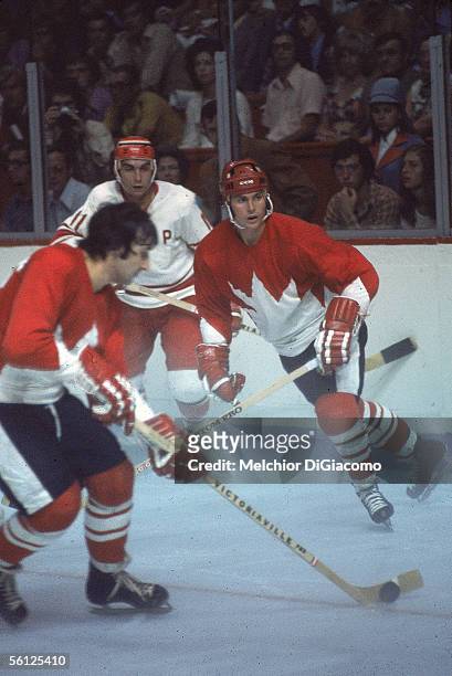 Paul Henderson of Canada, backs up a teammate during Game 1 of the 1972 Summit Series against the Soviet Union on September 2, 1972 at the Montreal...