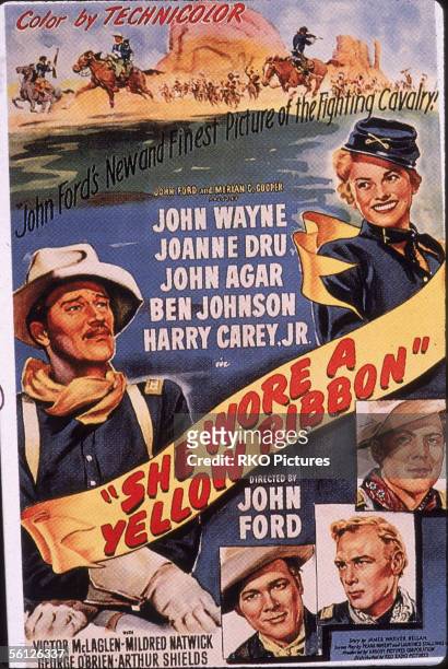 Advertising poster for the classic American Western film 'She Wore a Yellow Ribbon' starring John Wayne, Joanne Dru, John Agar, Ben Johnson, and...