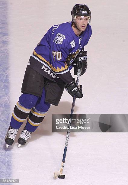 Brendan Bernakevitch of the Manchester Monarchs skates against the Bridgeport Sound Tigers at the Arena at Harbor Yard on November 4, 2005 in...