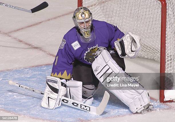 Goaltender Adam Hauser of the Manchester Monarchs covers the net against the Bridgeport Sound Tigers at the Arena at Harbor Yard on November 4, 2005...