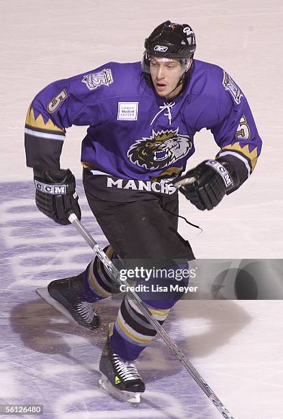 Joey Mormina of the Manchester Monarchs skates against the Bridgeport Sound Tigers at the Arena at Harbor Yard on November 4, 2005 in Bridgeport,...