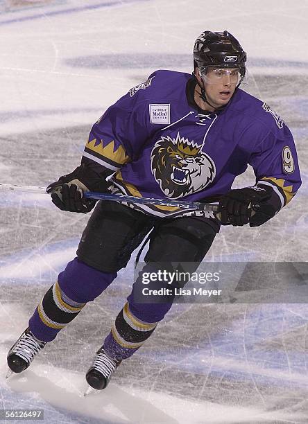 Connor James of the Manchester Monarchs skates against the Bridgeport Sound Tigers at the Arena at Harbor Yard on November 4, 2005 in Bridgeport,...