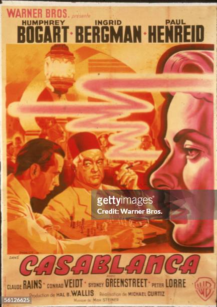 Poster for the classic American dramatic film 'Casablanca' starring Humphrey Bogart and Ingrid Bergman and directed by Michael Curtiz, 1942. Photo...