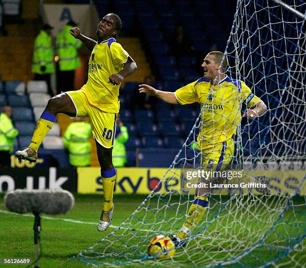 Cameron Jerome of Cardiff celebrates the second goal with Darren Purse during the Coca Cola Championship match between Sheffield Wednesday and...